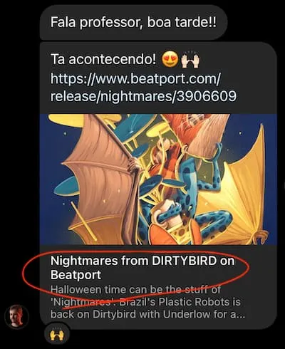 Aluno anuncia o lançamento da faixa Nightmares na gravadora Dirtybird, com link do Beatport.